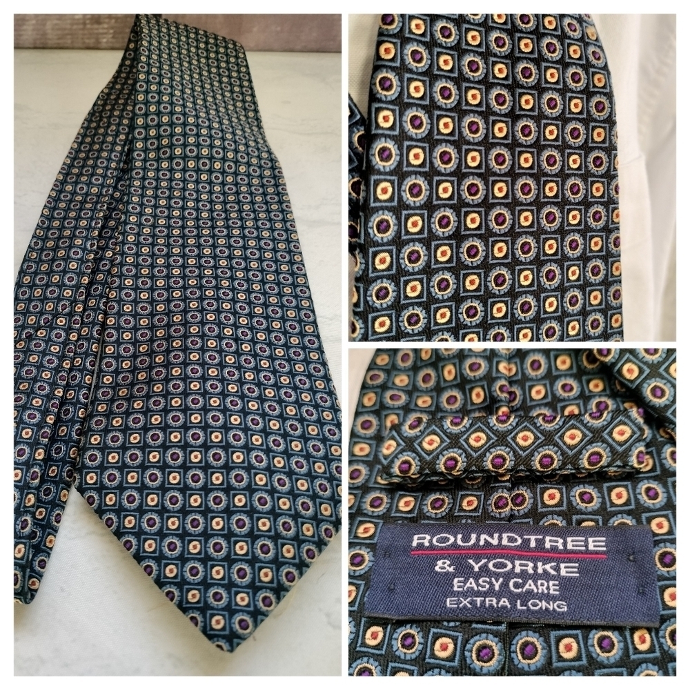 Roundtree & Yorke Mens Geometric Pattern Silk Tie Hand Sewn Easy Care Extra Long